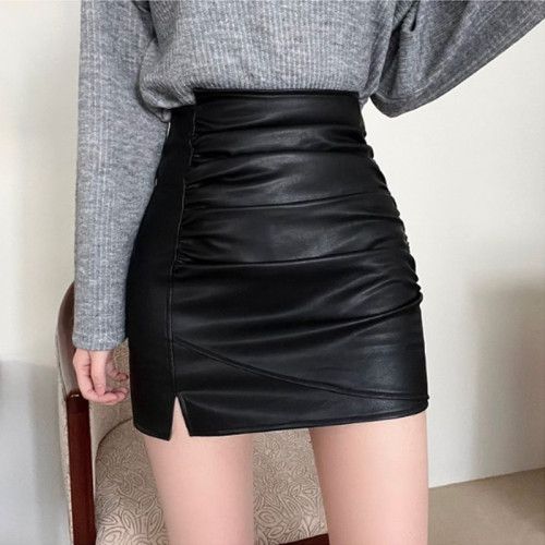 黑色小皮裙秋季新款半身裙2022韓版高腰緊身pu皮褶皺開叉一步裙女 黑色小皮裙秋季新款半身裙2022韓版高腰緊身pu皮褶皺開叉一步裙女