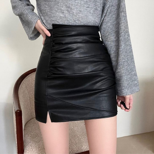 黑色小皮裙秋季新款半身裙2022韓版高腰緊身pu皮褶皺開叉一步裙女 黑色小皮裙秋季新款半身裙2022韓版高腰緊身pu皮褶皺開叉一步裙女