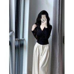 設計感掐腰V領交叉長袖T恤女春秋修身內搭薄款打底衫辣妹純欲上衣