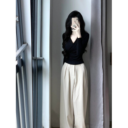 設計感掐腰V領交叉長袖T恤女春秋修身內搭薄款打底衫辣妹純欲上衣