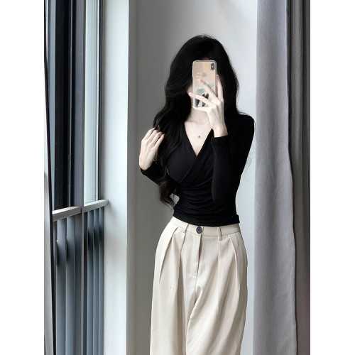 設計感掐腰V領交叉長袖T恤女春秋修身內搭薄款打底衫辣妹純欲上衣