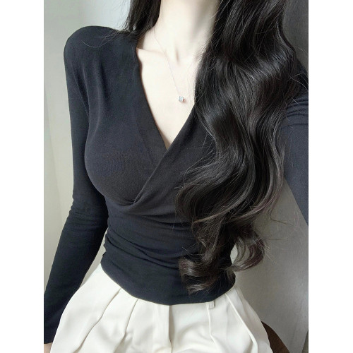 設計感掐腰V領交叉長袖T恤女春秋修身內搭薄款打底衫辣妹純欲上衣