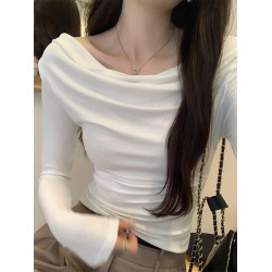 一字肩黑色蕩領露肩修身長袖打底衫T恤女春秋2025新款氣質短上衣