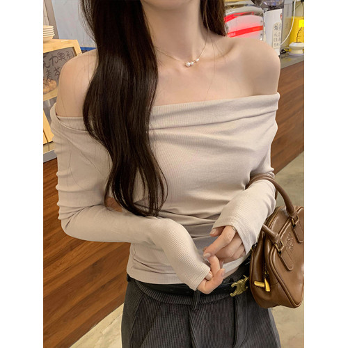 一字肩黑色蕩領露肩修身長袖打底衫T恤女春秋2025新款氣質短上衣