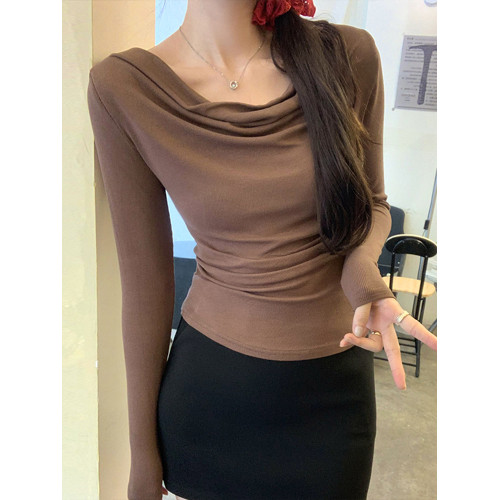 一字肩黑色蕩領露肩修身長袖打底衫T恤女春秋2025新款氣質短上衣