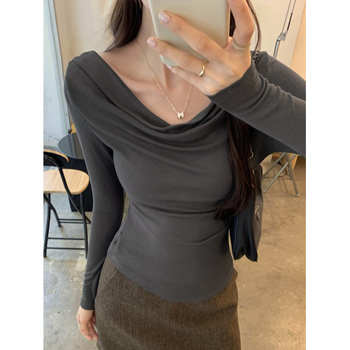 一字肩黑色蕩領露肩修身長袖打底衫T恤女春秋2025新款氣質短上衣