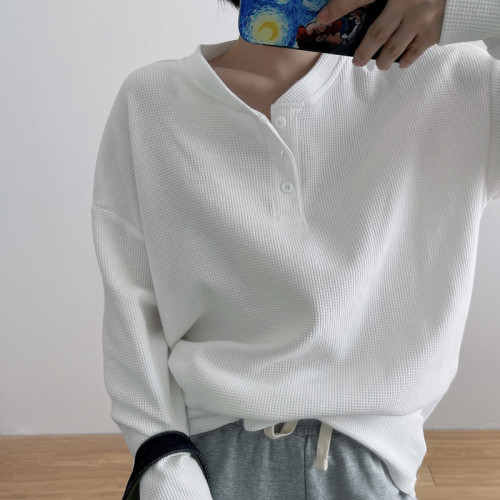 華夫格長袖T恤女春秋季薄款閨蜜裝潮ins寬松韓系學生內搭打底上衣