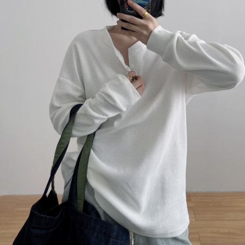 華夫格長袖T恤女春秋季薄款閨蜜裝潮ins寬松韓系學生內搭打底上衣