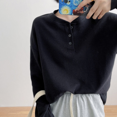 華夫格長袖T恤女春秋季薄款閨蜜裝潮ins寬松韓系學生內搭打底上衣