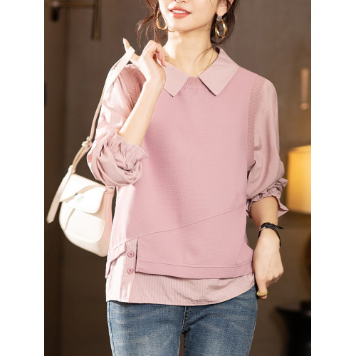 九月陌墨2025春秋新款寬松顯瘦假兩件套頭襯衫女歐貨大碼拼接上衣