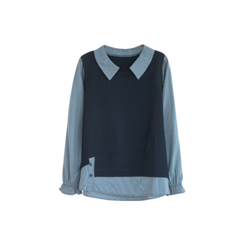 九月陌墨2025春秋新款寬松顯瘦假兩件套頭襯衫女歐貨大碼拼接上衣