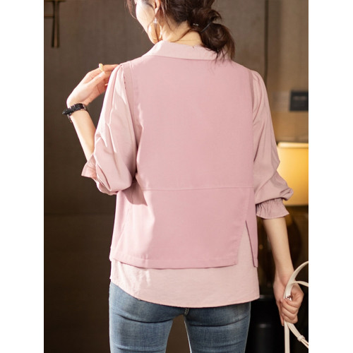 九月陌墨2025春秋新款寬松顯瘦假兩件套頭襯衫女歐貨大碼拼接上衣