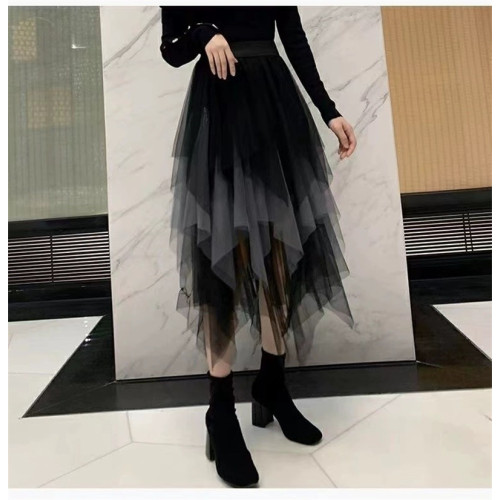 不規則網紗半身裙設計感小衆蛋糕裙女秋冬高腰中長款a字黑色紗裙 不規則網紗半身裙設計感小衆蛋糕裙女秋冬高腰中長款a字黑色紗裙
