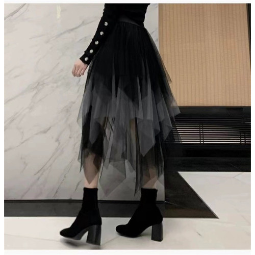 不規則網紗半身裙設計感小衆蛋糕裙女秋冬高腰中長款a字黑色紗裙 不規則網紗半身裙設計感小衆蛋糕裙女秋冬高腰中長款a字黑色紗裙