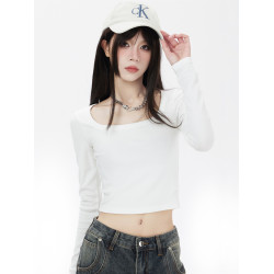 方領長袖白色t恤女2025新款短款修身顯瘦百搭內搭打底衫針織上衣