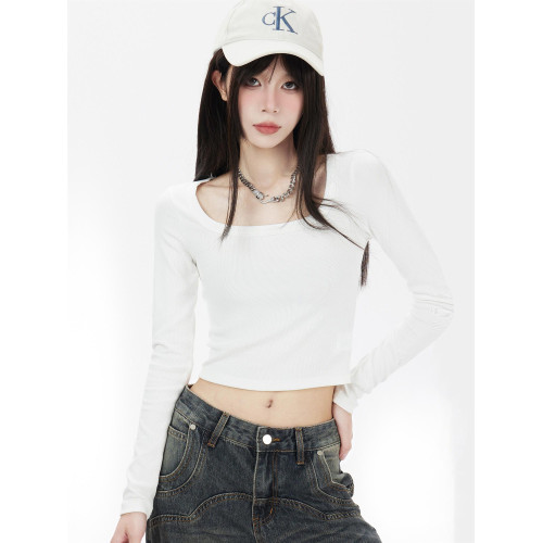 方領長袖白色t恤女2025新款短款修身顯瘦百搭內搭打底衫針織上衣