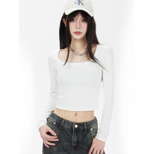 方領長袖白色t恤女2025新款短款修身顯瘦百搭內搭打底衫針織上衣