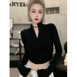 黑色長袖T恤打底衫女2025秋冬新款設計感小衆美式半高領拉鍊上衣