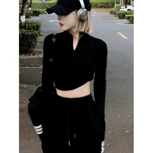 黑色長袖T恤打底衫女2025秋冬新款設計感小衆美式半高領拉鍊上衣