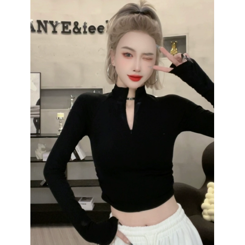 黑色長袖T恤打底衫女2025秋冬新款設計感小衆美式半高領拉鍊上衣