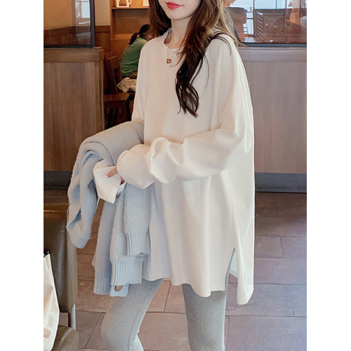 早秋冬2025新款白色長袖t恤女寬松純棉中長款曡穿內搭打底衫上衣