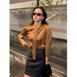 2025春季新款法式氣質醋酸緞面飄帶襯衣女高級感時尚內搭襯衫上衣