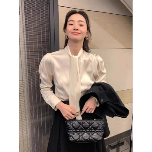 2025春季新款法式氣質醋酸緞面飄帶襯衣女高級感時尚內搭襯衫上衣