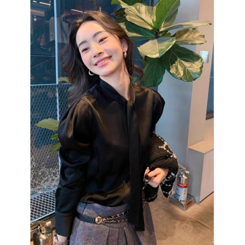 2025春季新款法式氣質醋酸緞面飄帶襯衣女高級感時尚內搭襯衫上衣