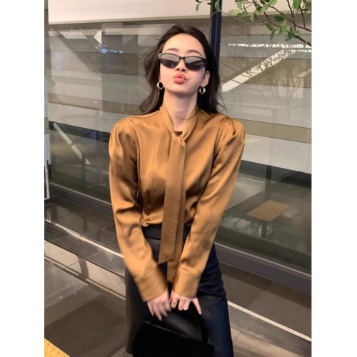 2025春季新款法式氣質醋酸緞面飄帶襯衣女高級感時尚內搭襯衫上衣