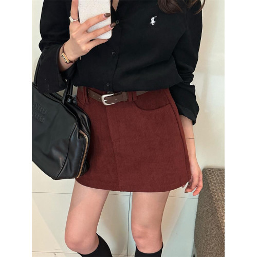 咖啡色燈芯絨半身裙女2024秋新款百搭a字裙高腰顯瘦包臀腰帶短裙