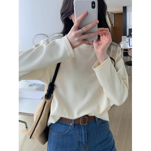 灰色華夫格寬松慵懶風寬松打底衫春季秋冬圓領長袖t恤女百搭純色