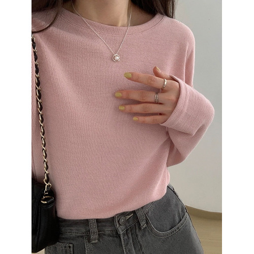 灰色華夫格寬松慵懶風寬松打底衫春季秋冬圓領長袖t恤女百搭純色