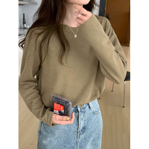 灰色華夫格寬松慵懶風寬松打底衫春季秋冬圓領長袖t恤女百搭純色