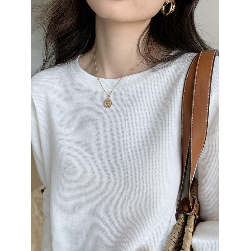 灰色華夫格寬松慵懶風寬松打底衫春季秋冬圓領長袖t恤女百搭純色