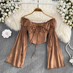 喇叭袖襯衫女2025秋季韓版高級感氣質鎖骨一字肩露肩收腰短款上衣