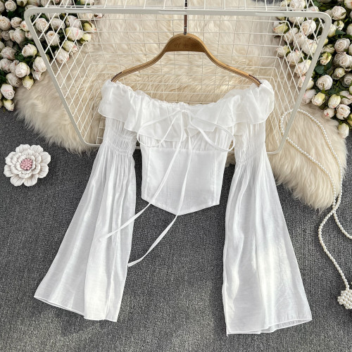 喇叭袖襯衫女2025秋季韓版高級感氣質鎖骨一字肩露肩收腰短款上衣