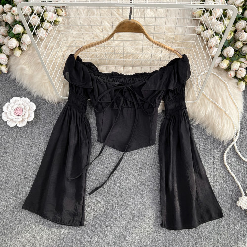 喇叭袖襯衫女2025秋季韓版高級感氣質鎖骨一字肩露肩收腰短款上衣