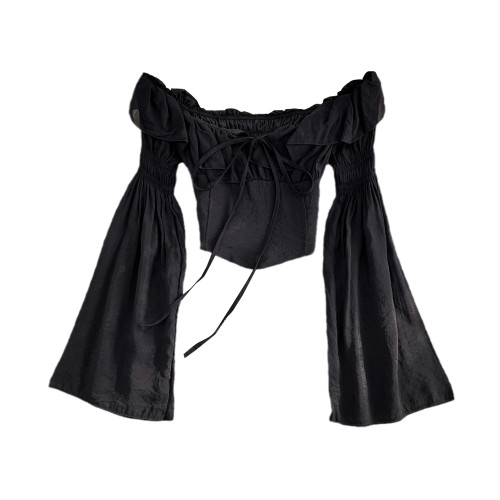 喇叭袖襯衫女2025秋季韓版高級感氣質鎖骨一字肩露肩收腰短款上衣