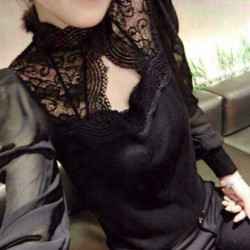 T恤長袖女秋冬女人味內搭大碼燈籠袖蕾絲衫立領鏤空雪紡打底衫女