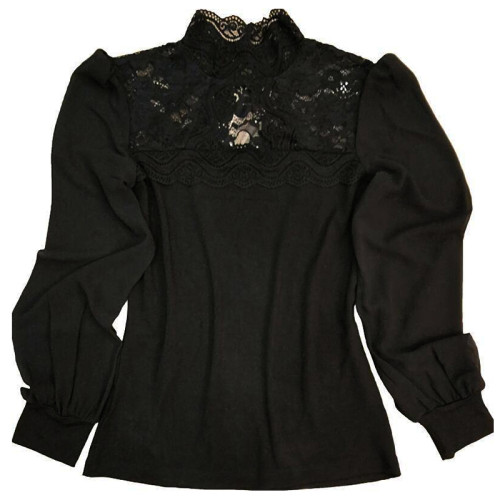 T恤長袖女秋冬女人味內搭大碼燈籠袖蕾絲衫立領鏤空雪紡打底衫女