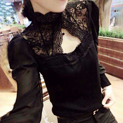 T恤長袖女秋冬女人味內搭大碼燈籠袖蕾絲衫立領鏤空雪紡打底衫女