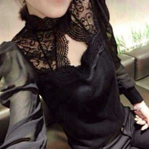 T恤長袖女秋冬女人味內搭大碼燈籠袖蕾絲衫立領鏤空雪紡打底衫女