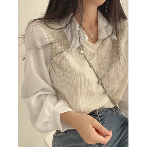 韓國chic春季復古小衆法式襯衫拼接翻領燈籠袖假兩件短款針織上衣