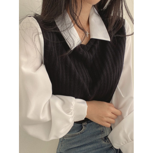 韓國chic春季復古小衆法式襯衫拼接翻領燈籠袖假兩件短款針織上衣