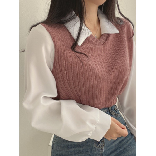 韓國chic春季復古小衆法式襯衫拼接翻領燈籠袖假兩件短款針織上衣