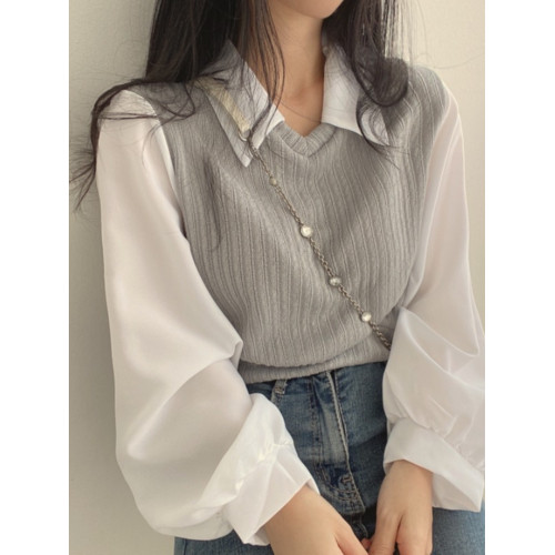 韓國chic春季復古小衆法式襯衫拼接翻領燈籠袖假兩件短款針織上衣