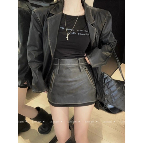 美拉德pu皮裙女秋冬2023新款高腰顯瘦性感半身裙復古休閒a字短裙