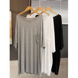 中長款莫代爾大圓領口袋T恤裙女夏季寬松大碼睡衣裙小個子連衣裙