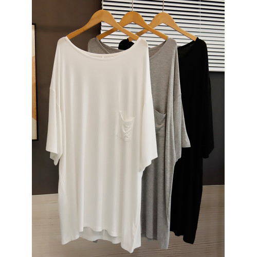 中長款莫代爾大圓領口袋T恤裙女夏季寬松大碼睡衣裙小個子連衣裙