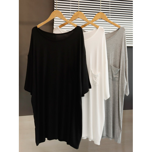 中長款莫代爾大圓領口袋T恤裙女夏季寬松大碼睡衣裙小個子連衣裙